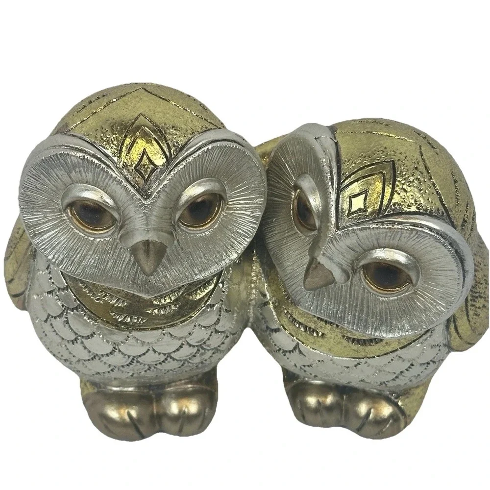Gold Silver‎ Owl Figurine Set Pair Metallic Vintage Style Shelf Home Decor